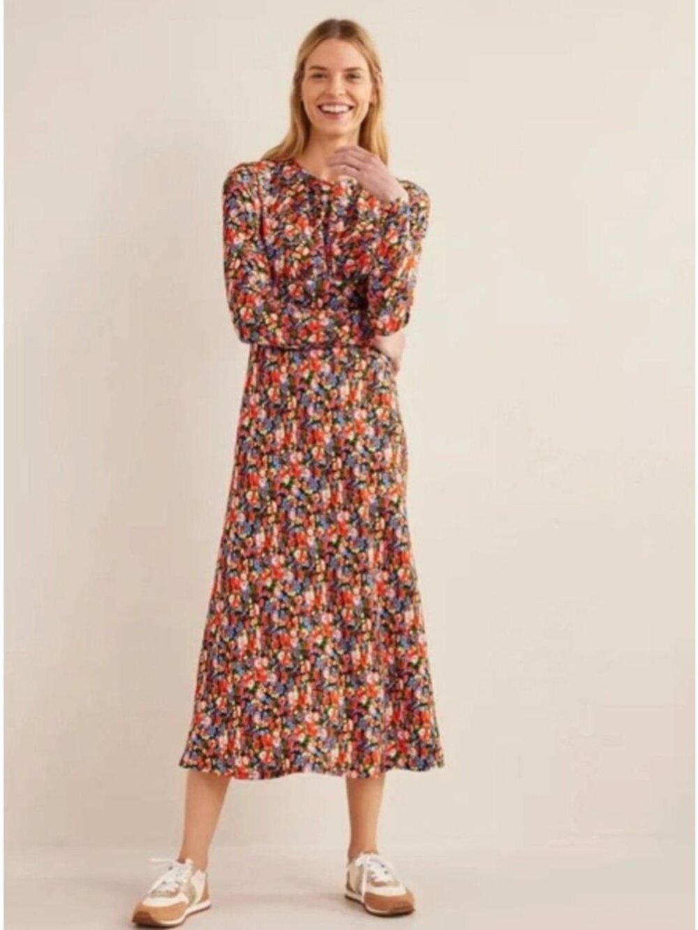 Boden Floral Print Crepe Maxi Dress US 10 Petite Multi Classic Long Sleeve EUC